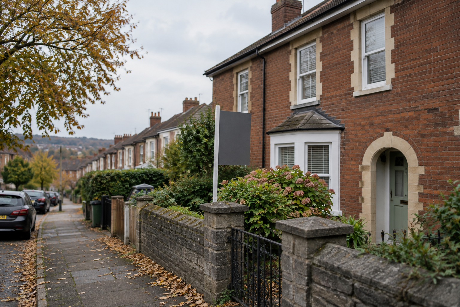 Bristol semi-detached home with an estate agent board, illustrating asking price reductions in the South West.