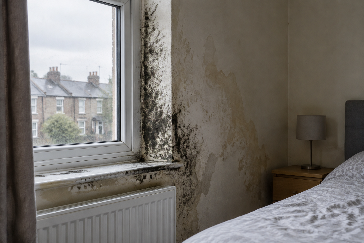 Mould around a rented bedroom window illustrates the housing hazards addressed by Awaab’s Law.