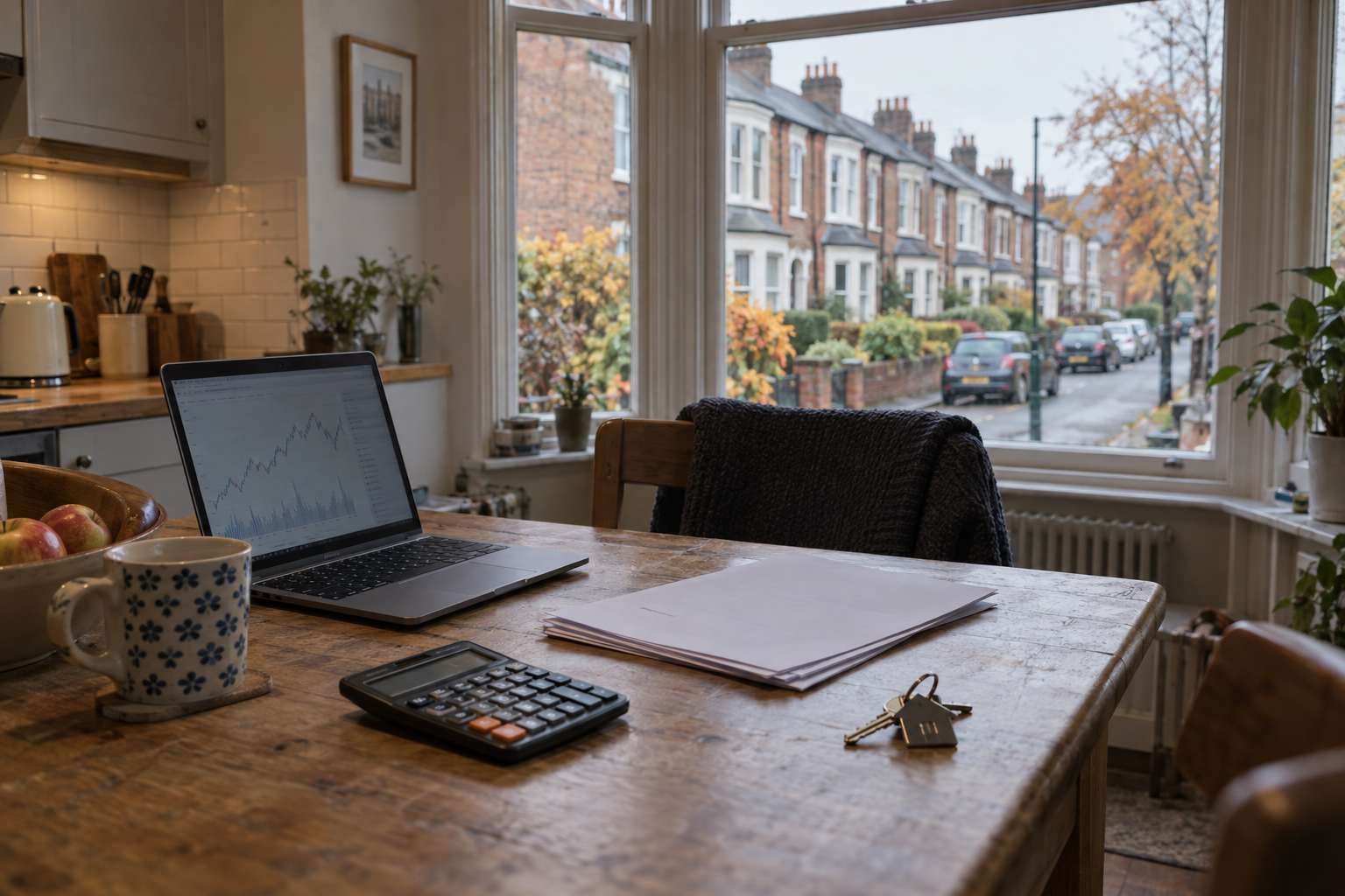 Mortgage paperwork and calculator in a terraced home illustrate Bank of England base rate decisions.