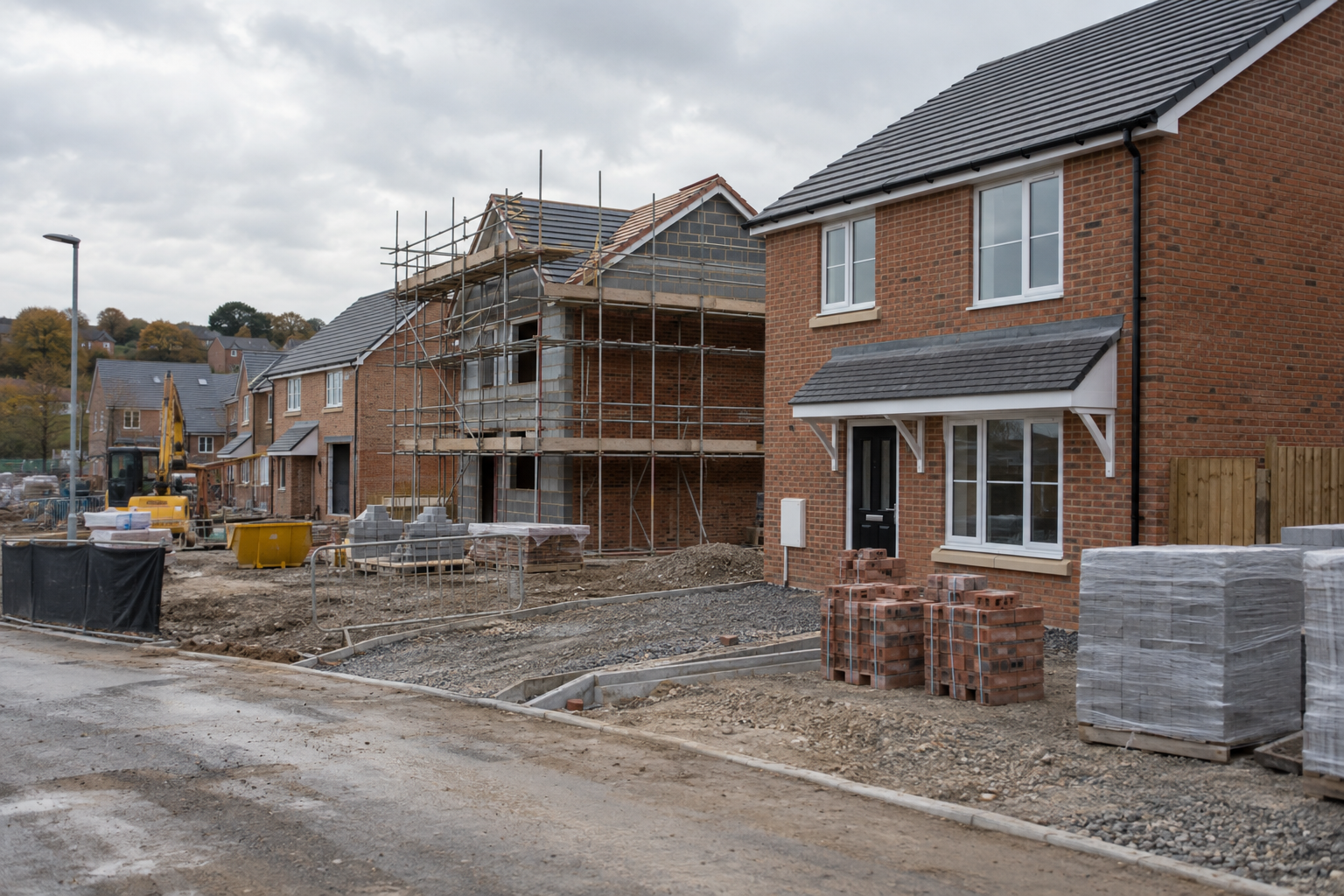 New brick homes under construction in England, illustrating Budget housing proposals affecting buyers and smaller builders.