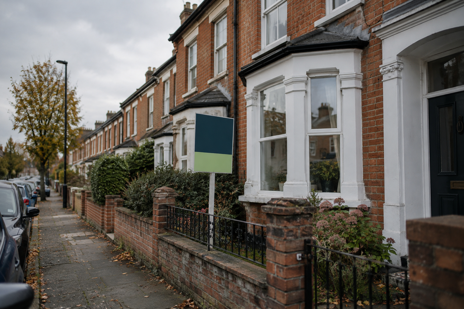 Terraced rental house with an unlettered sale board, illustrating capital gains tax considerations for landlords.