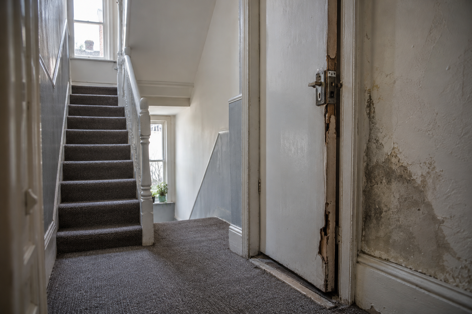 Illustrative Cardiff landlord safety scene showing a damaged internal door and damp beside a communal staircase.