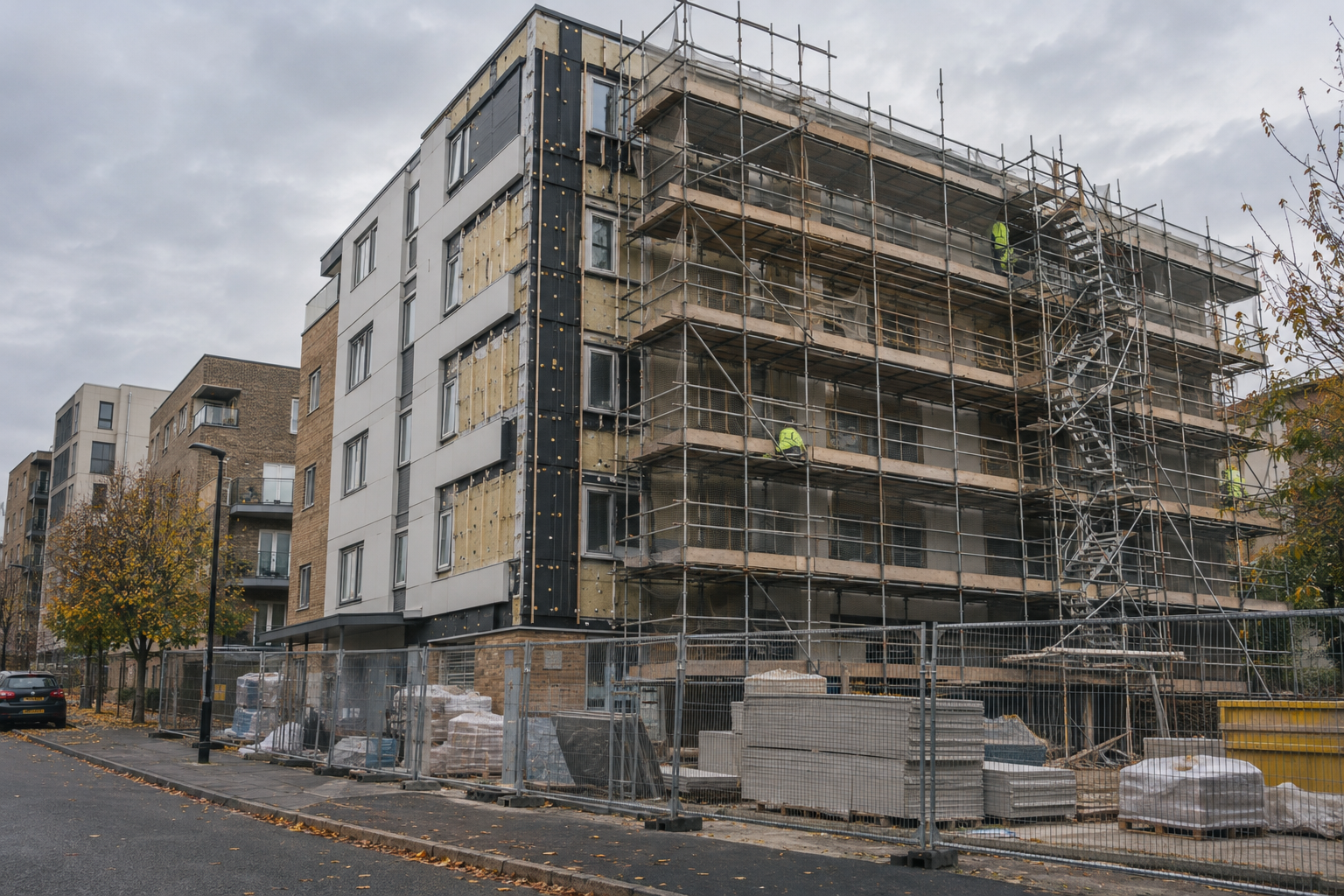 Cladding remediation underway on a medium-rise residential block, with scaffolding and partially removed external panels.