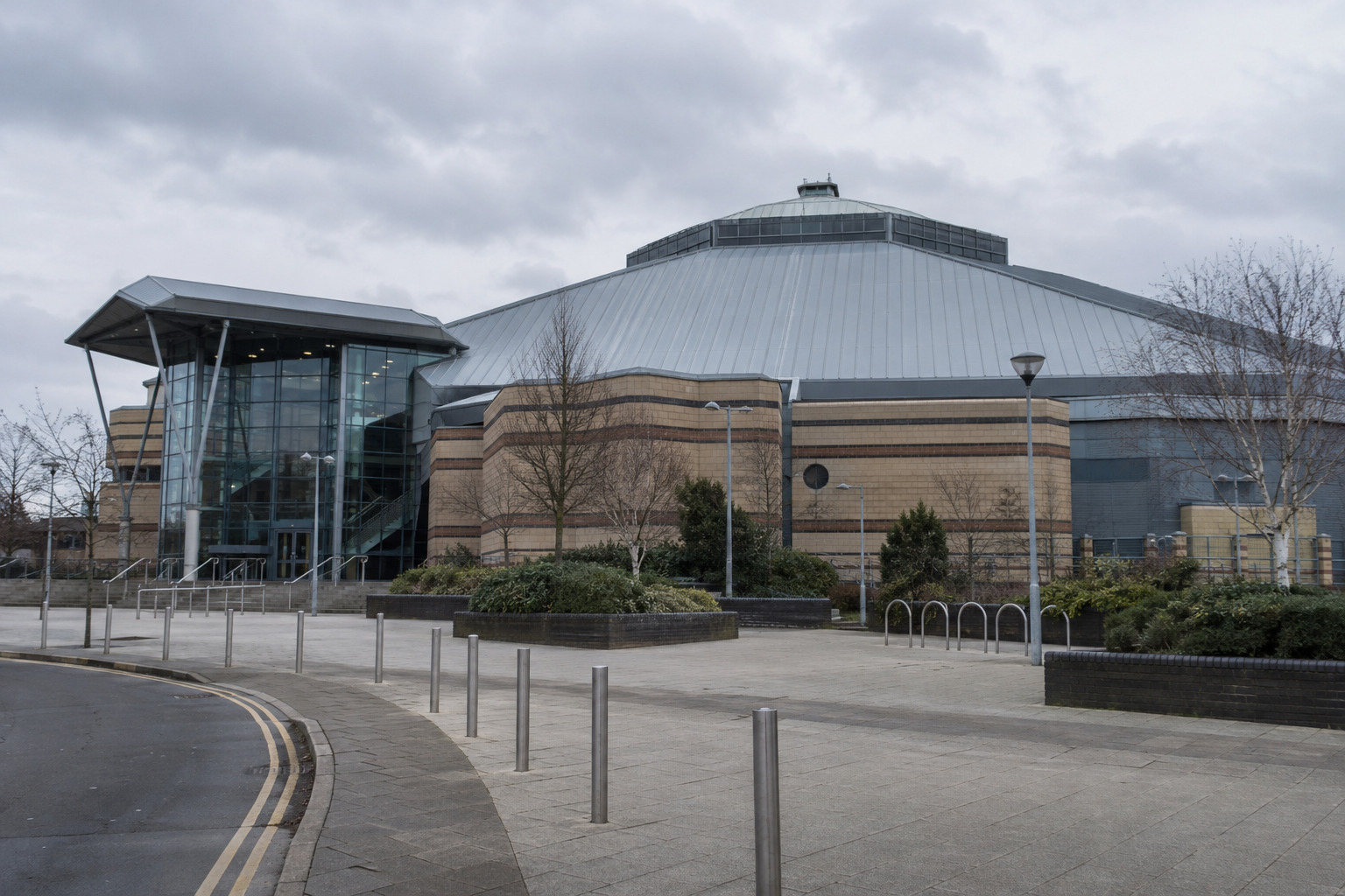 Doncaster Dome exterior showing the geometric architecture recognised by its Grade II listed status.