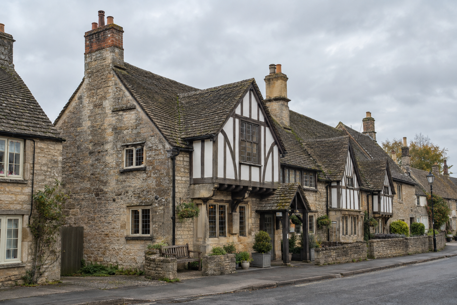 Historic stonework and timber framing at the George Inn, identified by James Wright as England’s oldest pub.