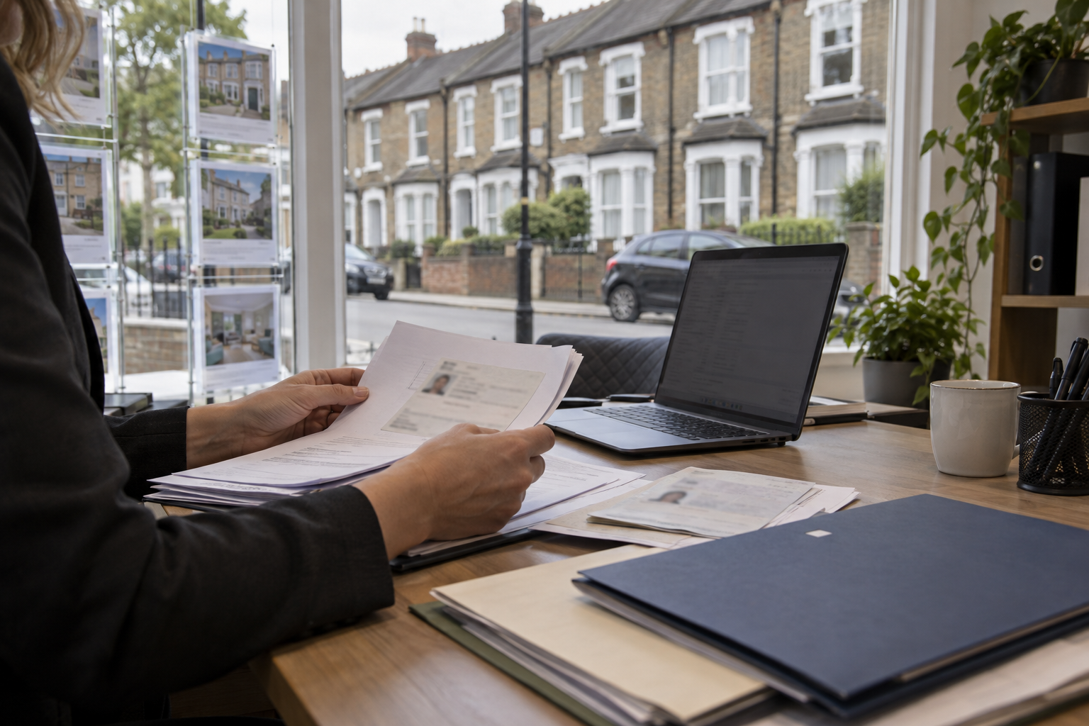 Estate agent AML checks at an office desk, with identity paperwork, laptop and separate document folders.