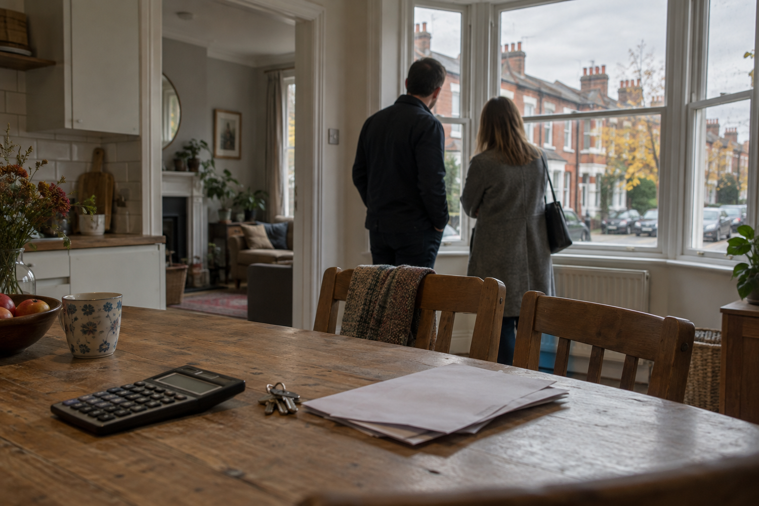 Calculator and keys in a terraced home illustrate first-time buyer mortgage payments and household budgeting.