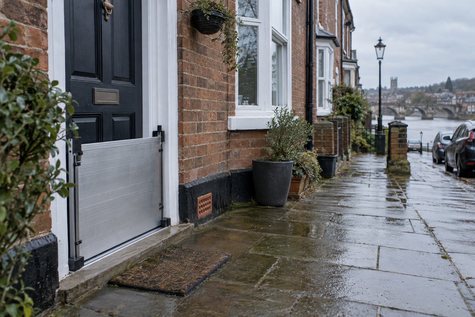Doorway flood barrier and low air brick illustrate home protection considered in proposed Flood Performance Certificates.