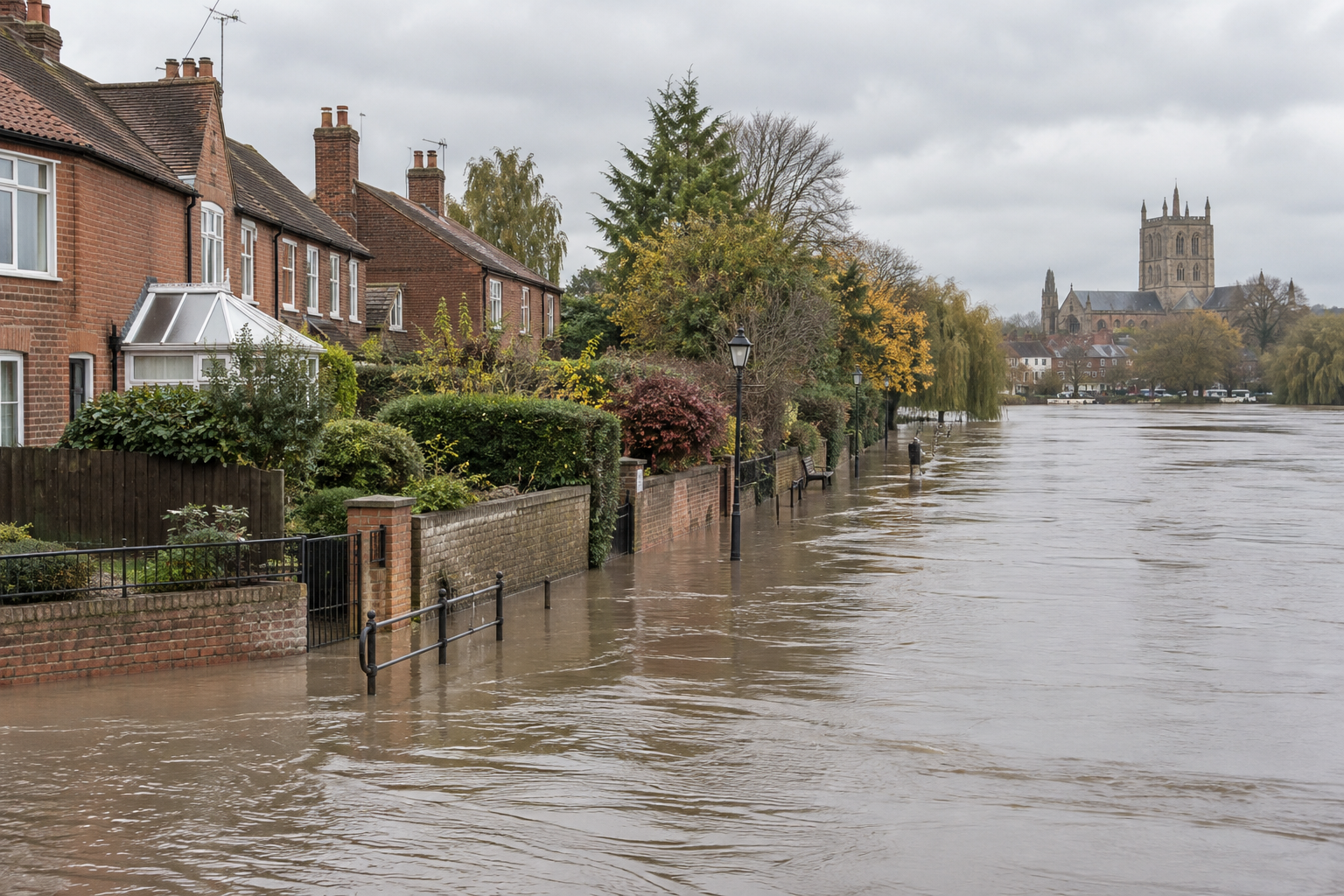 Flood risk in England illustrated by swollen river water beside brick homes in Tewkesbury, Gloucestershire.
