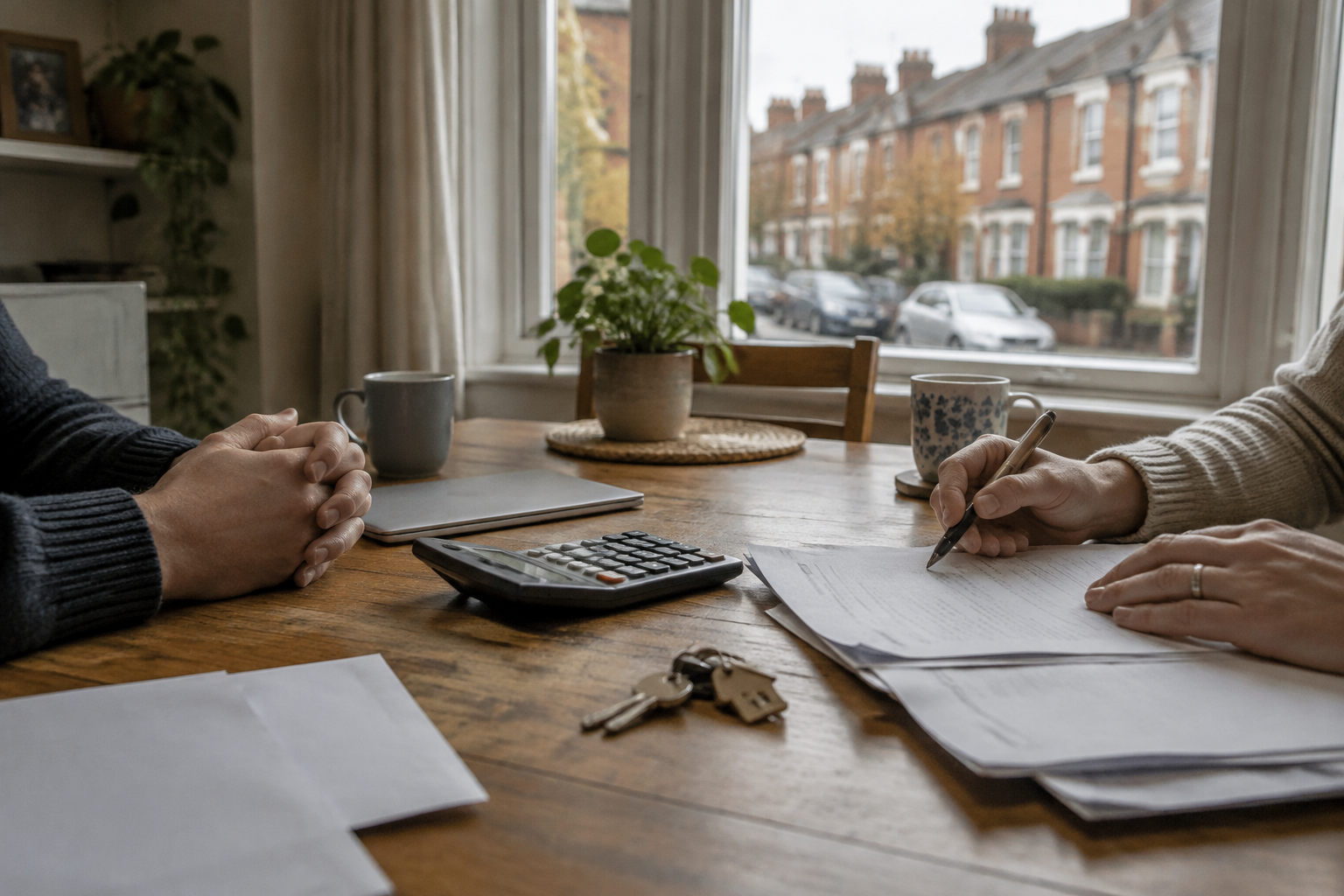 Calculator, papers and house keys on a dining table illustrate the high-LTI mortgage cap changes.