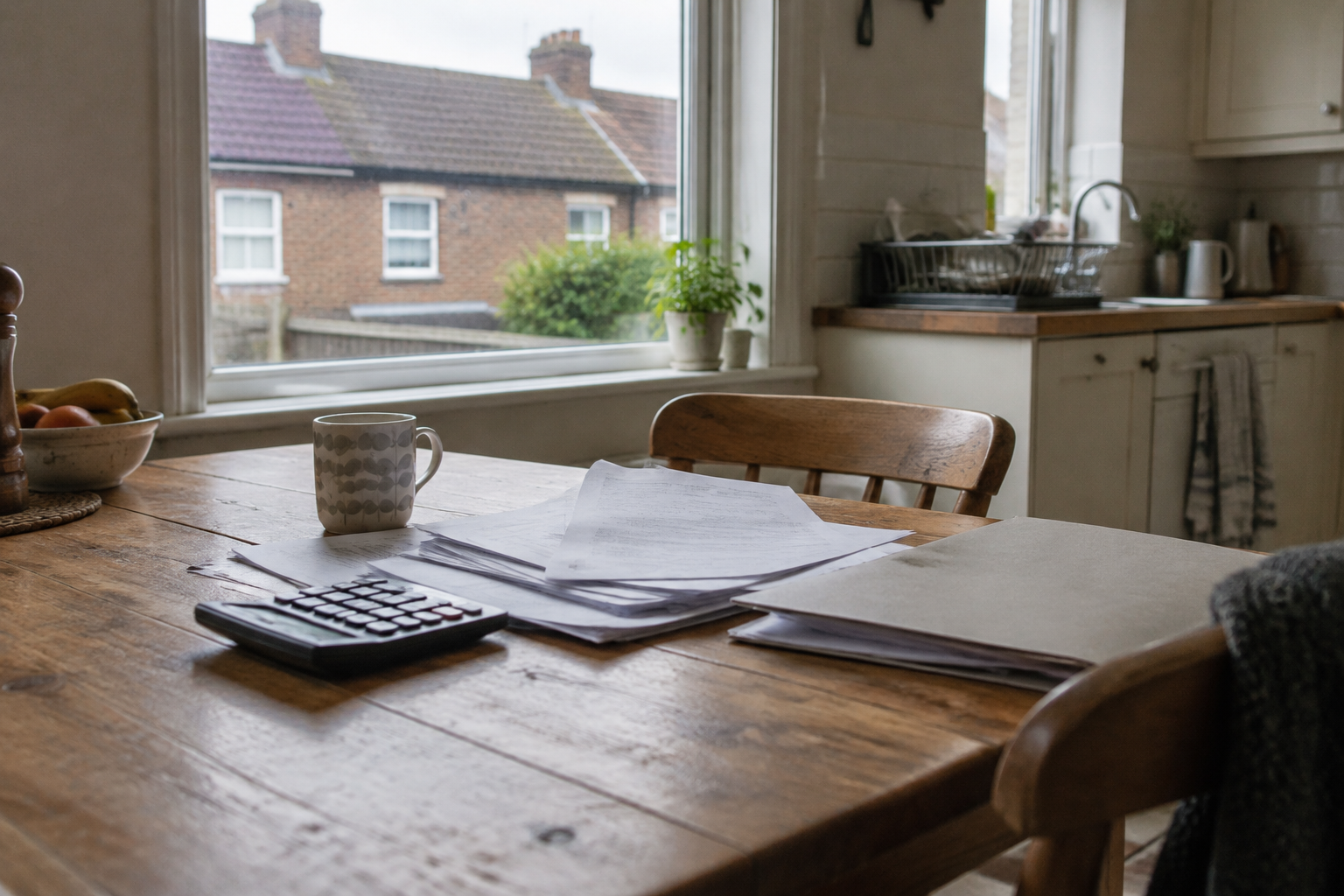 Home insurance premiums paperwork and a calculator on a kitchen table in a British terraced house.