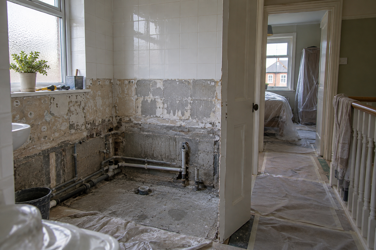 Home renovation in a UK bathroom, with exposed plumbing and protective sheeting beside the doorway.