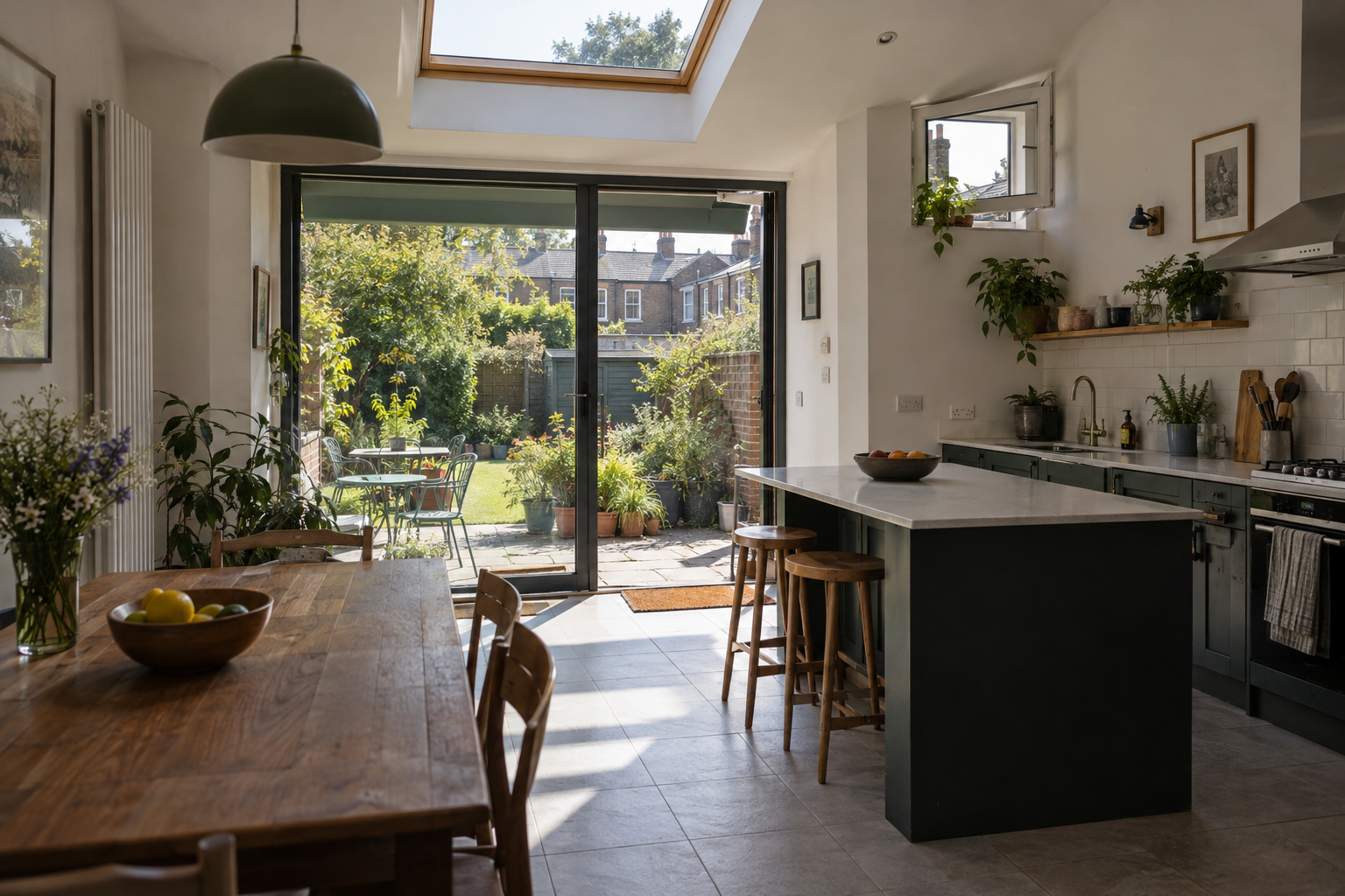 Home renovation with roof glazing, an open high-level window and external shading over garden doors.