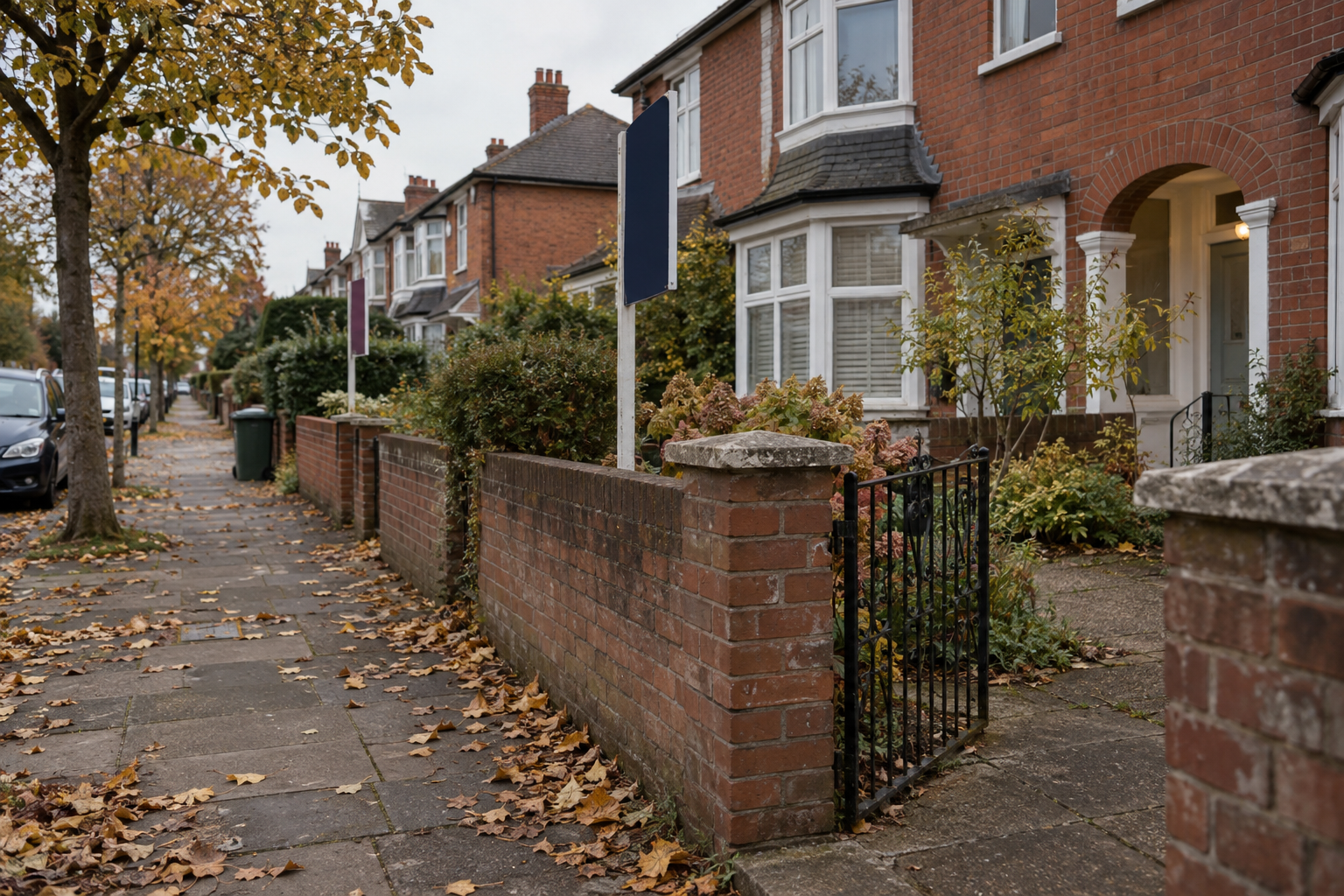 Homes selling below asking price illustrated by red-brick houses with estate-agent boards on an English street.