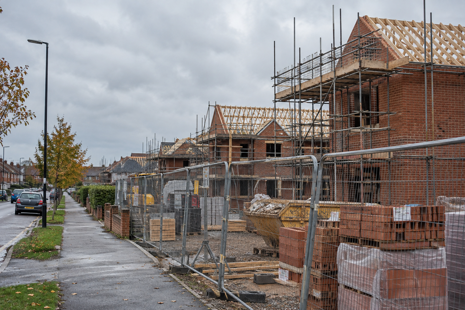 Part-built brick homes and scaffolding at a London development illustrate pressures on the housebuilding target.