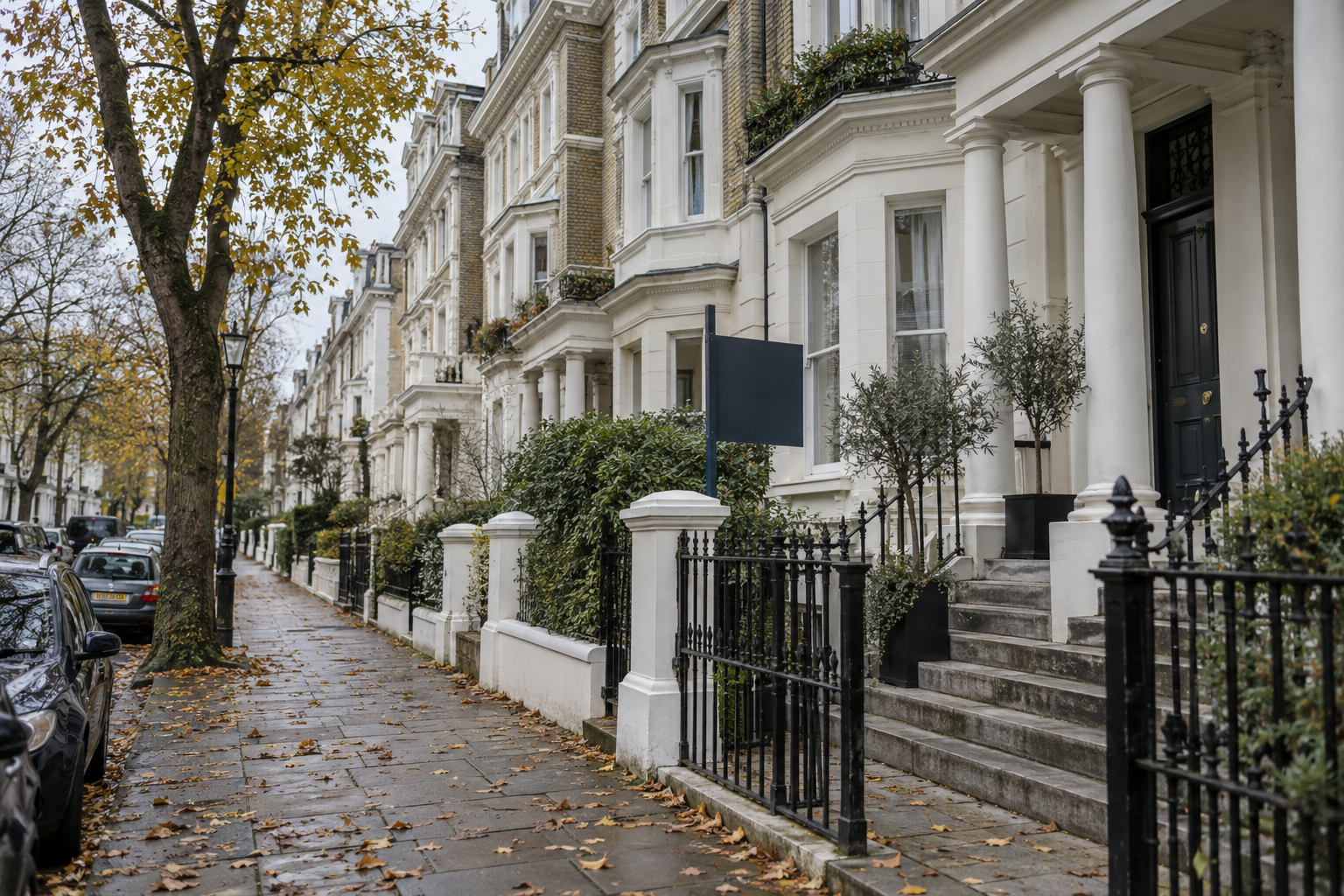 Large west London townhouses illustrating the market for £2m-plus homes on a quiet autumn street.