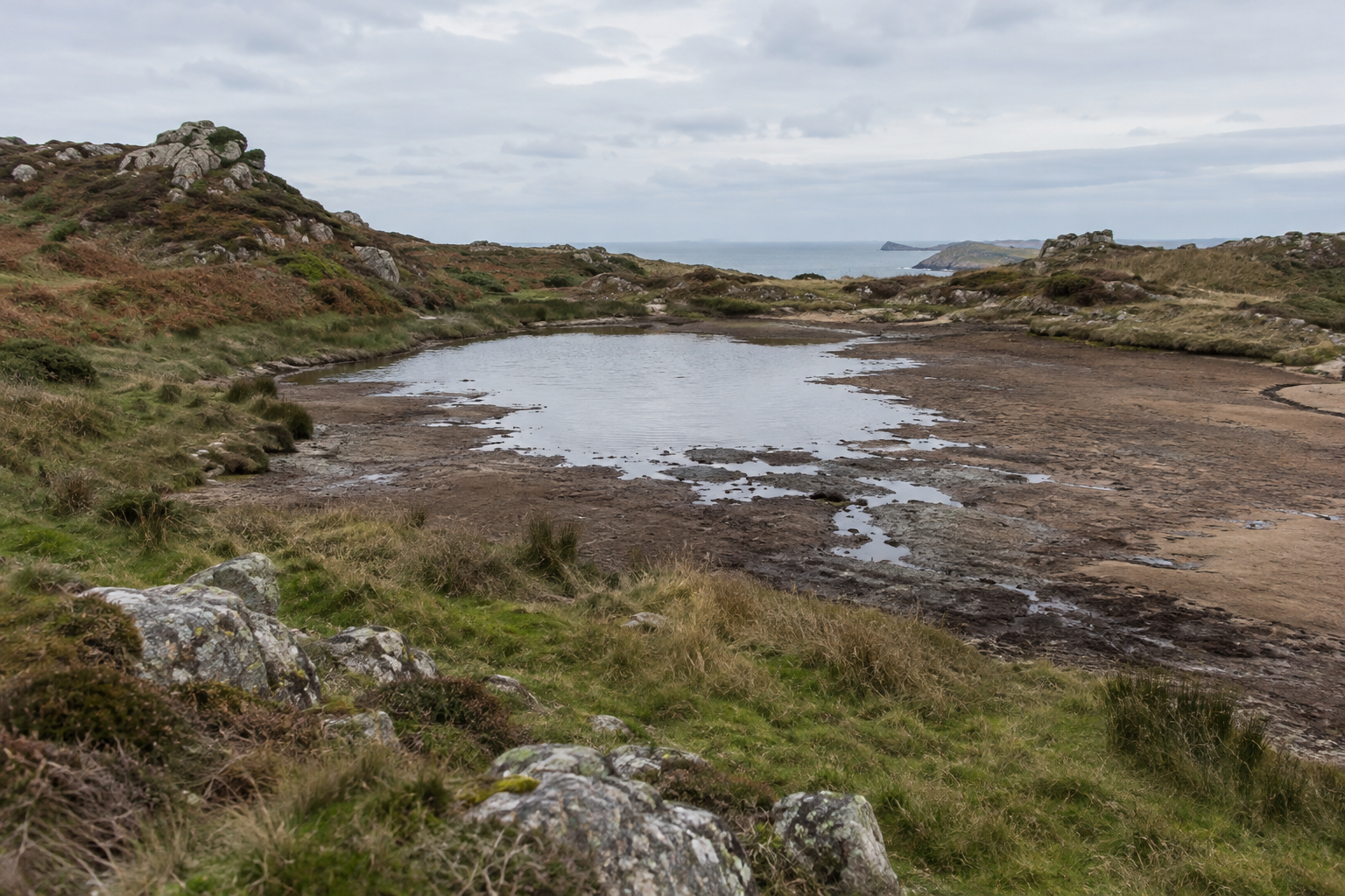Lundy water shortage illustrated by shallow water and exposed muddy banks at Pondsbury on the island.