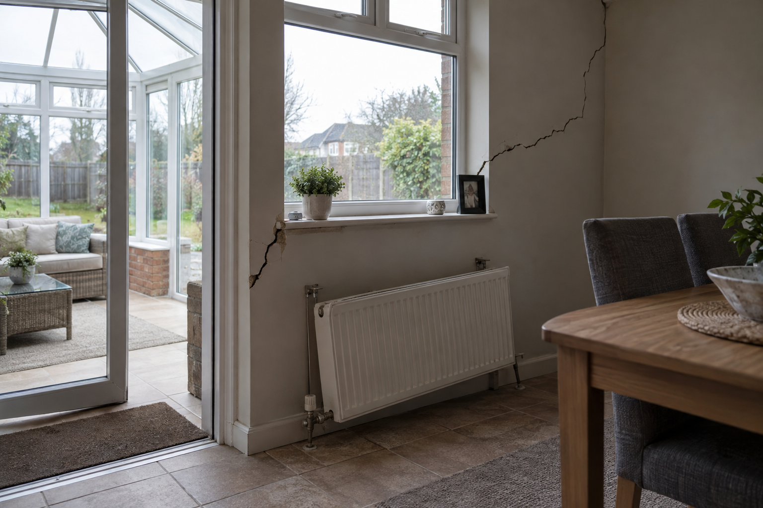 Cracked extension wall and partly detached radiator illustrating an LV= subsidence claim at a UK home.