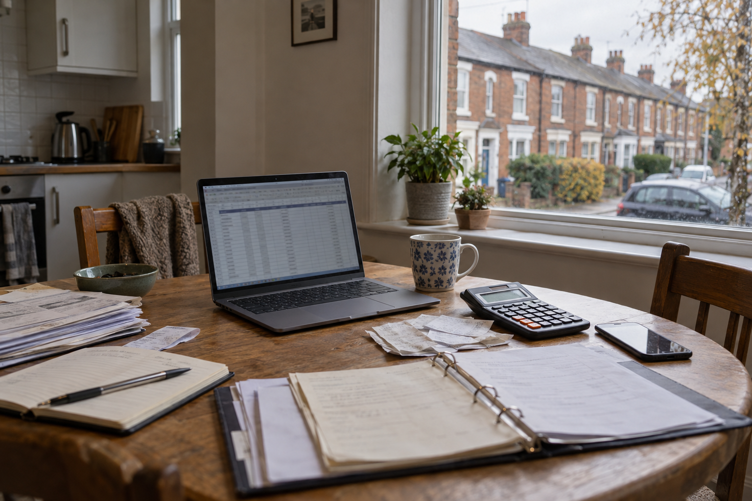 Making Tax Digital bookkeeping workspace with a laptop, calculator and receipts in a British terraced house.