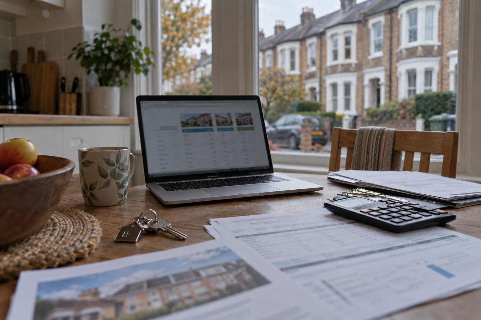 Mortgage deals being compared on a laptop beside a calculator and house keys in a British home.