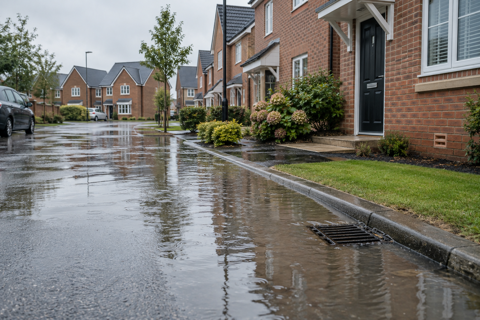 New homes in flood-risk areas illustrated by modern brick houses beside a rainwater-covered residential road.