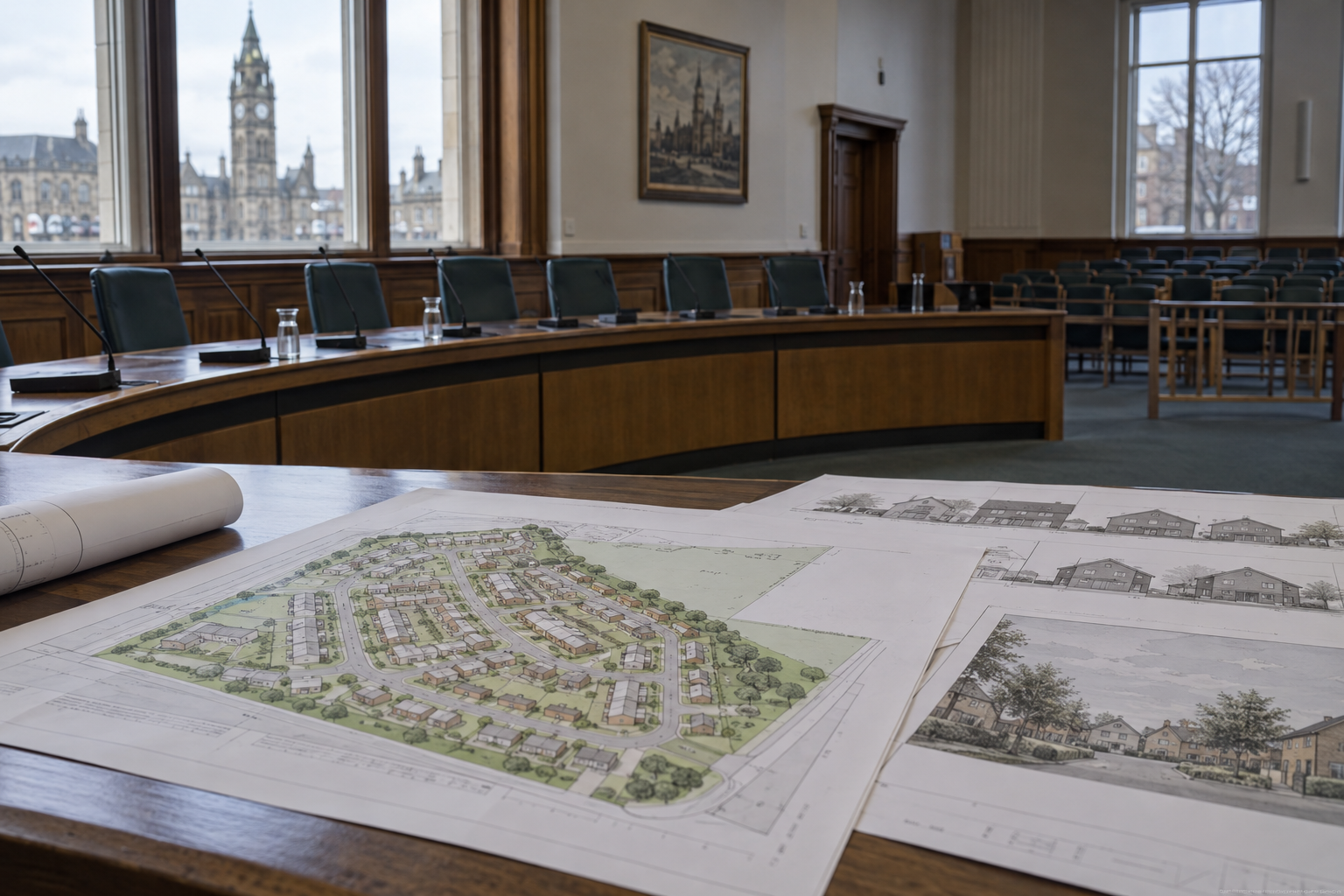 Empty council committee room with housing plans, illustrating planning reforms affecting local decisions in Rochdale.