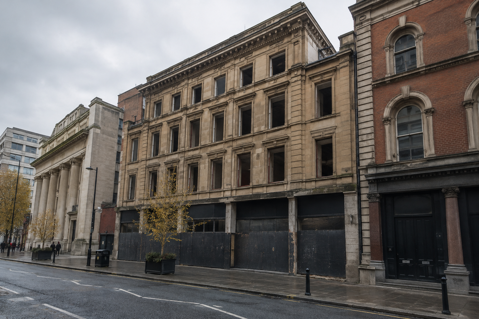 Reedham House site on King Street West in Manchester, viewed alongside neighbouring historic buildings.
