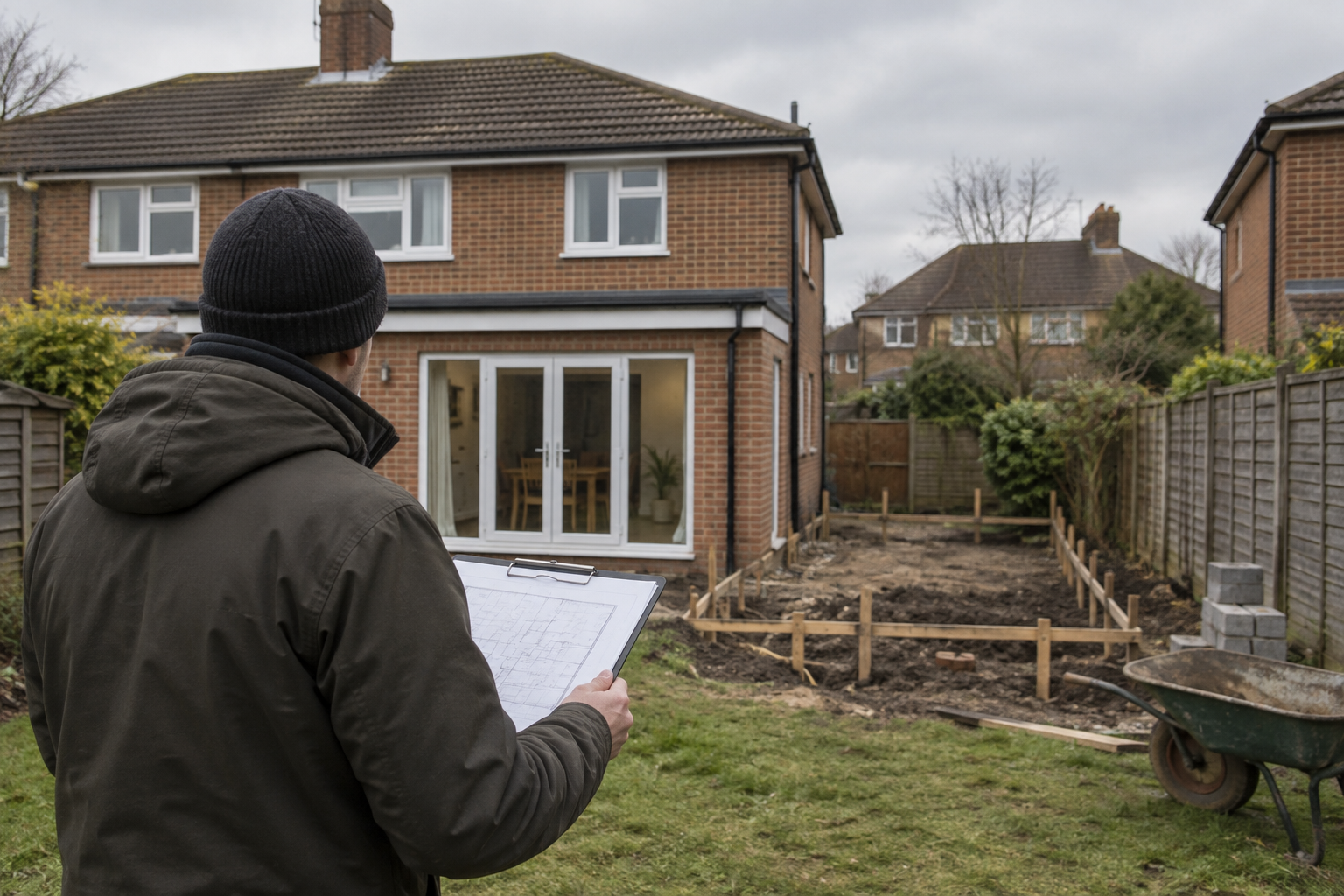 Residential extension site illustrating planning decisions at issue in the Reform UK planning cuts debate.