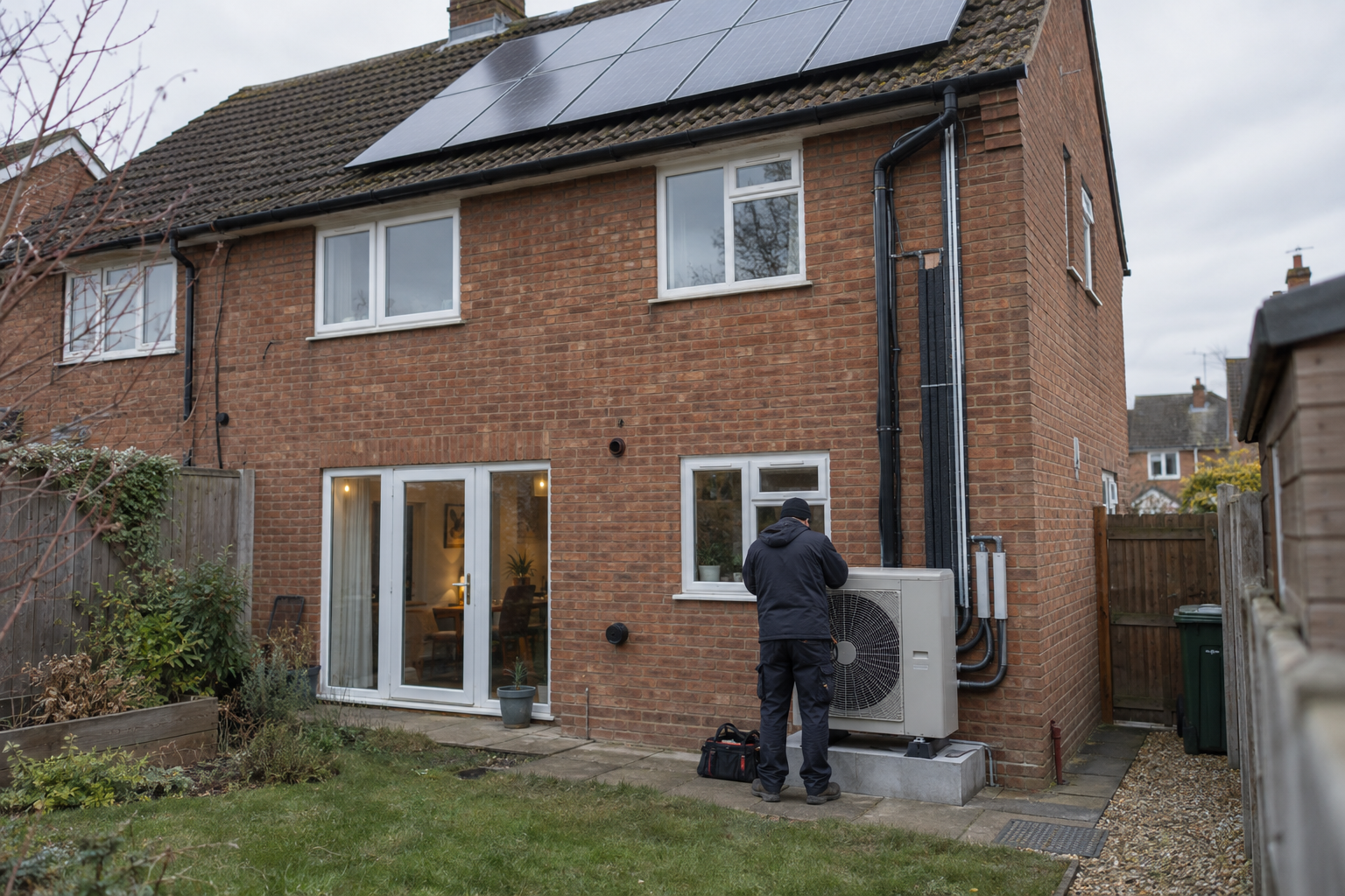 Heat pump and rooftop solar panels on an English house illustrate improvements supported by retrofit mortgages.