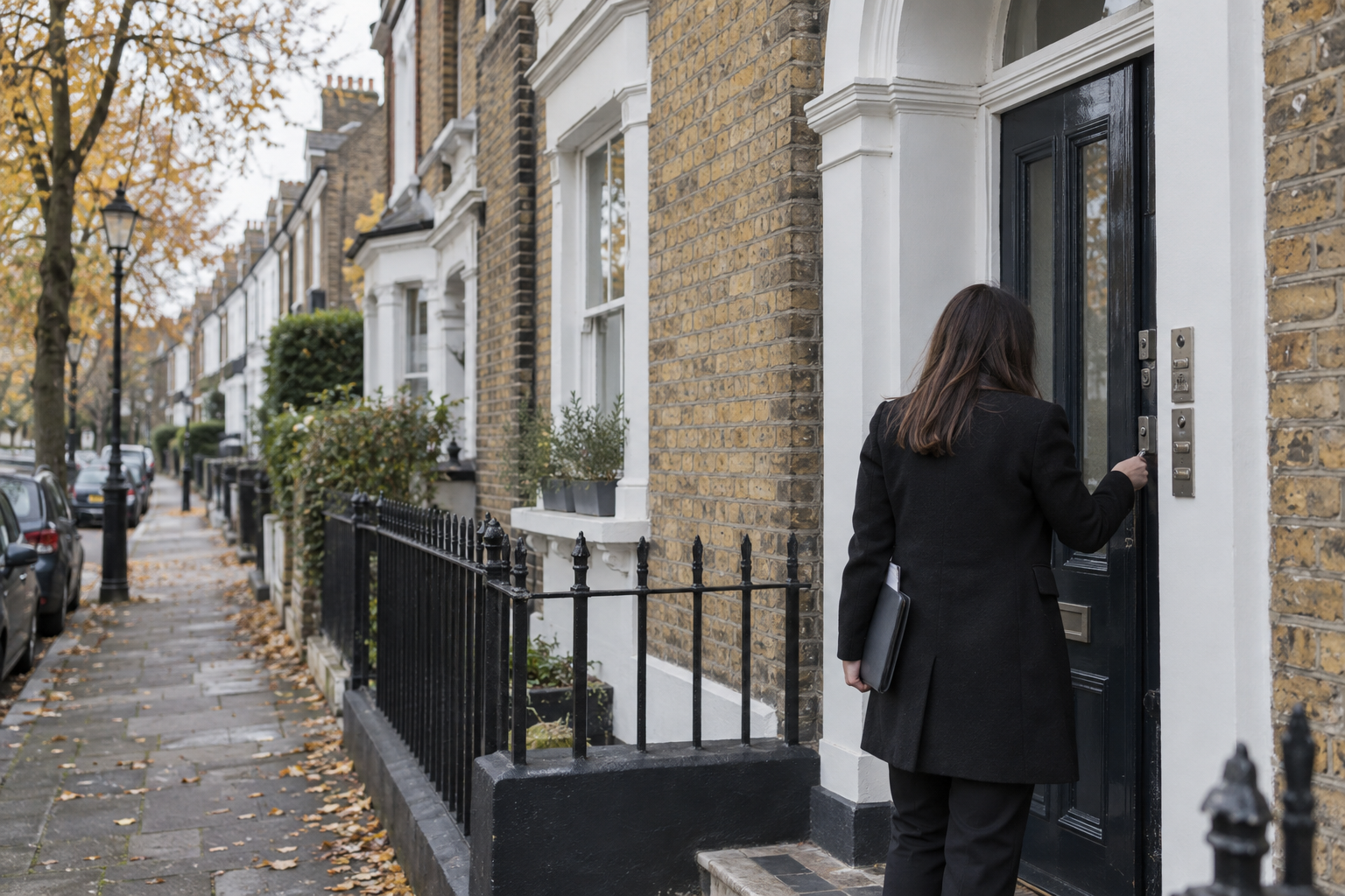 Self-employed estate agents’ work illustrated by an agent opening a converted London terrace for a flat viewing.