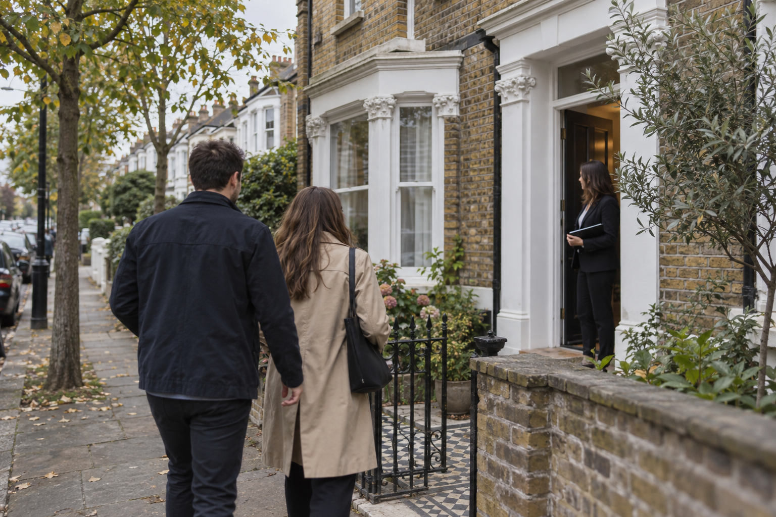 Prospective buyers approach a London terraced house for a viewing as September buyer demand increases.