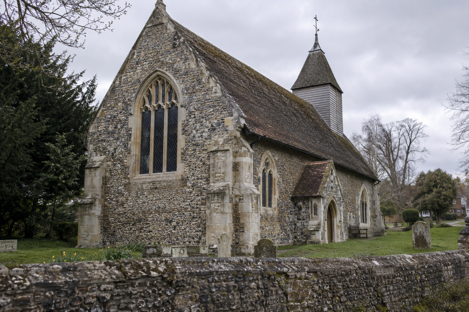St Andrew’s Chapel retrofit in Kent, showing the medieval exterior and details of the historic building fabric.