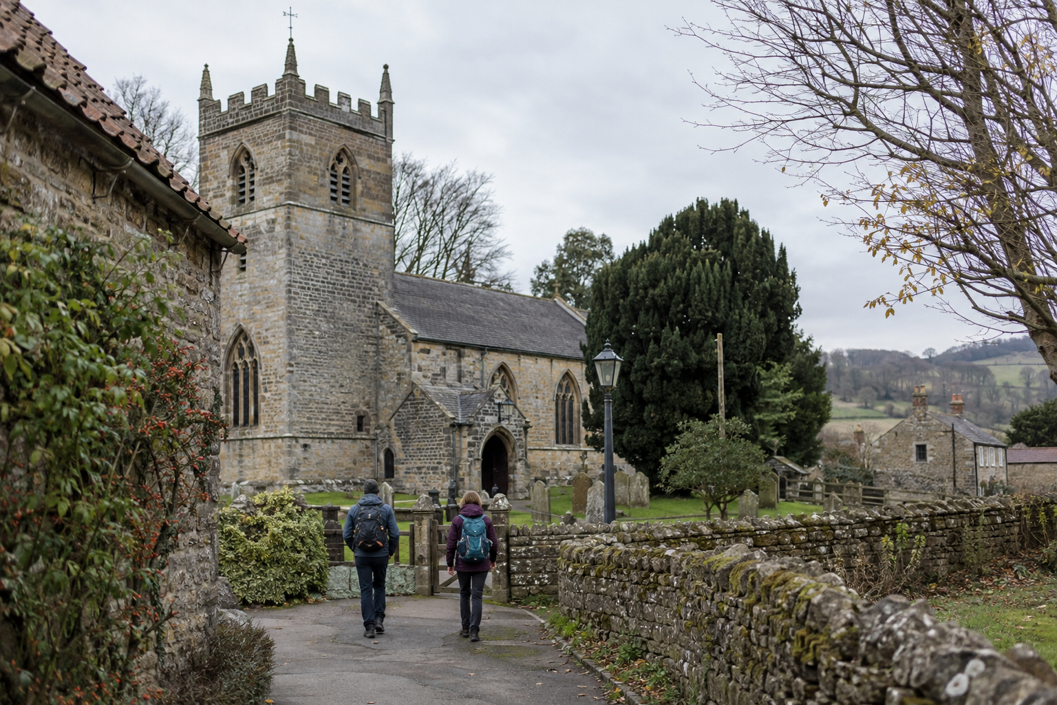 St Michael’s Church in Cold Kirby, with walkers approaching the historic stone building proposed for hostel use.