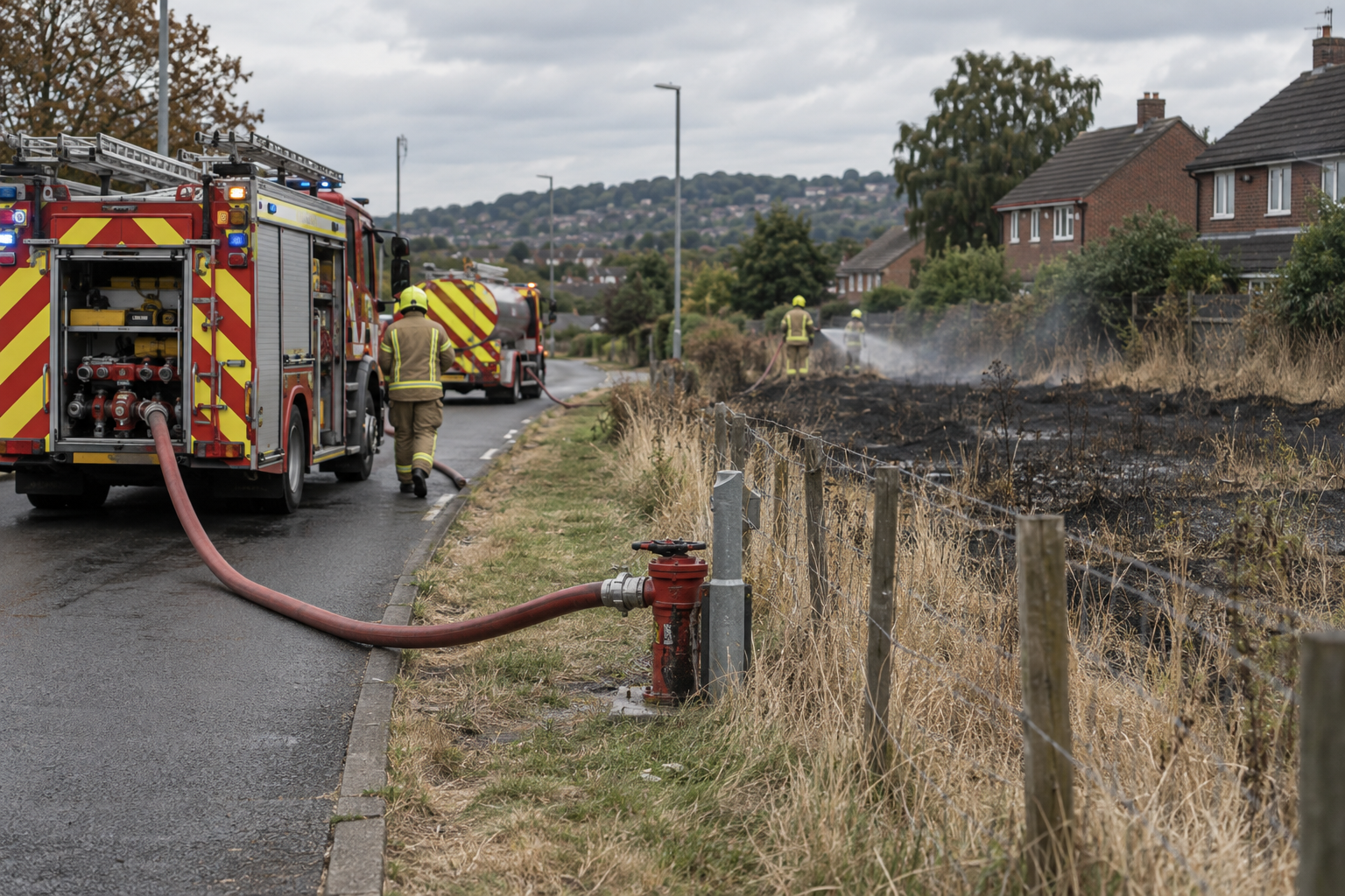 Firefighters connect hoses beside Stourbridge homes, illustrating concerns about wildfire water supplies near residential areas.