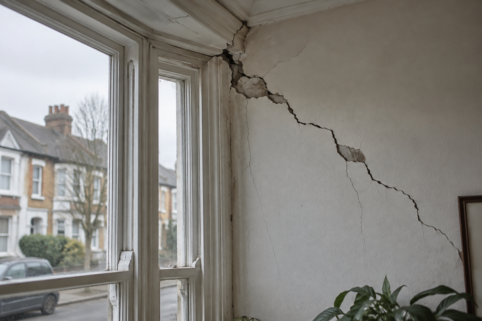 Diagonal wall crack beside a timber window illustrating subsidence concerns in a Walthamstow period home.