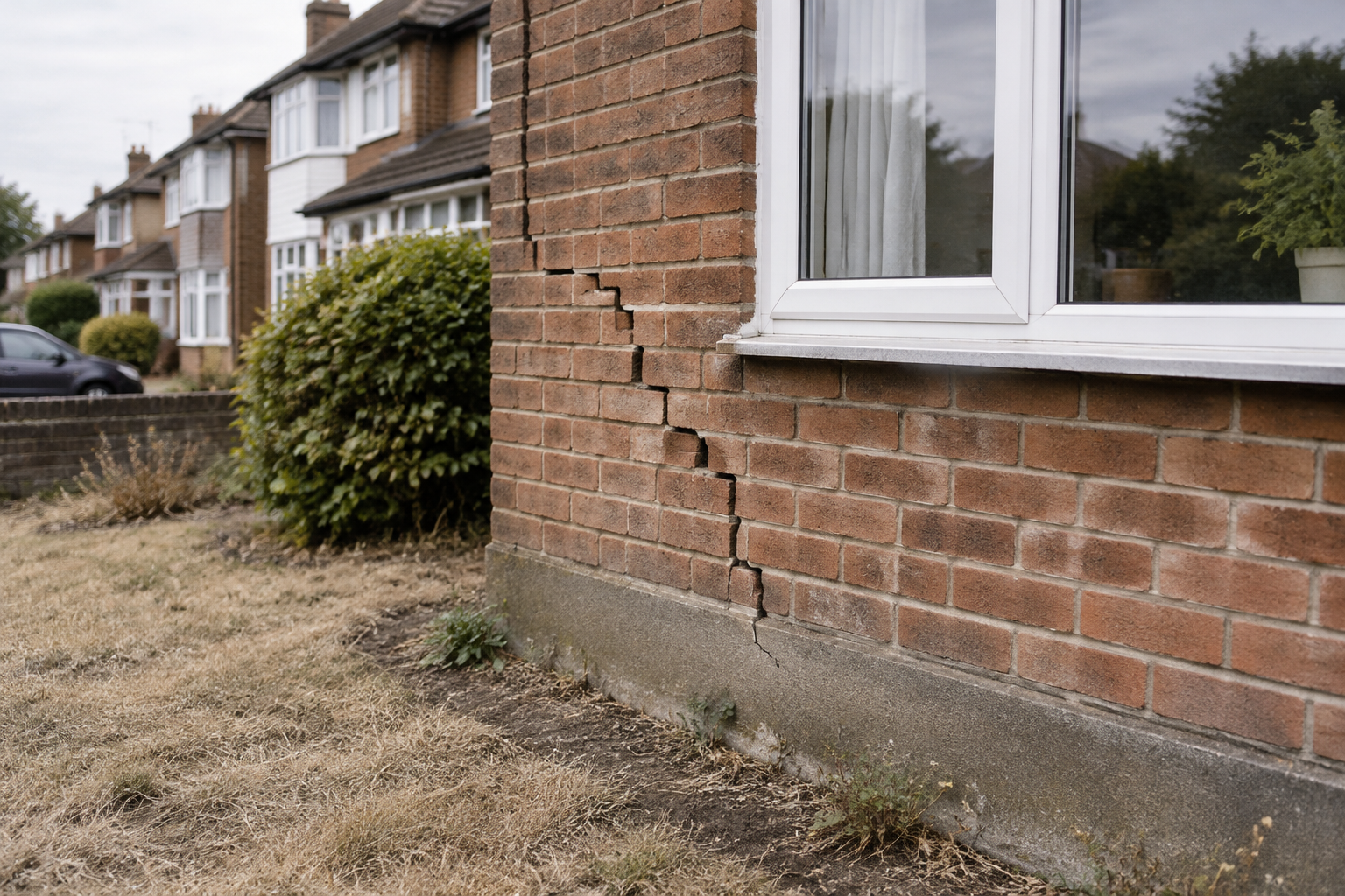 Diagonal brickwork crack beside a London house window illustrates subsidence concerns after prolonged dry weather.