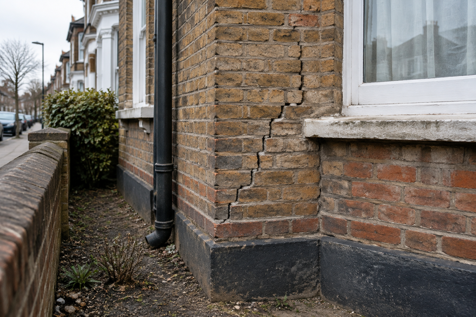 Stepped brickwork crack beside a London Victorian home's bay window, illustrating possible subsidence damage.