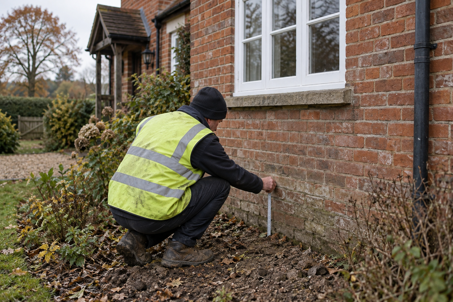 Surveyor examining brickwork and dry soil beside a Kent house to assess subsidence risk.