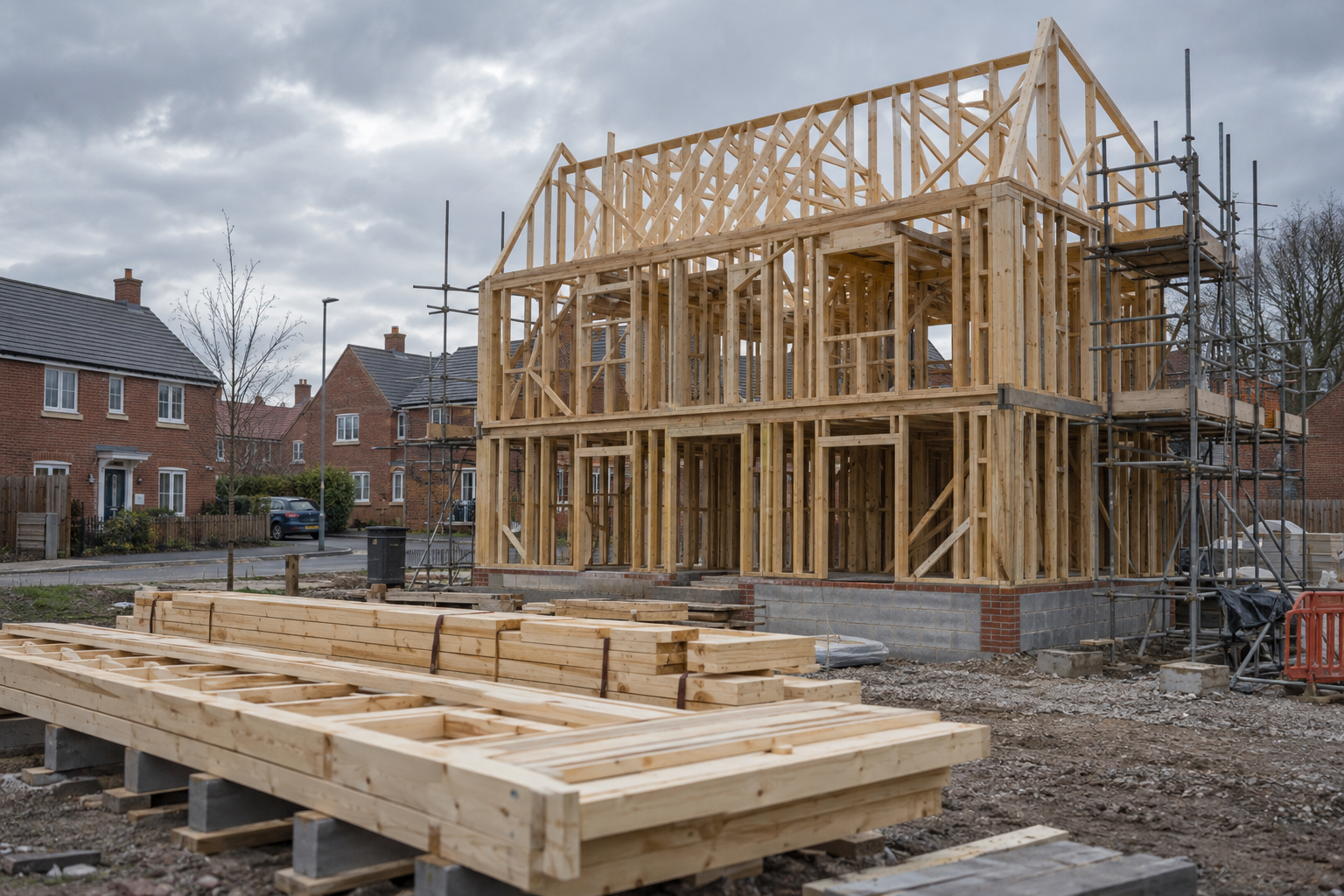 Timber house frame at a UK building site, illustrating the Timber in Construction Roadmap.