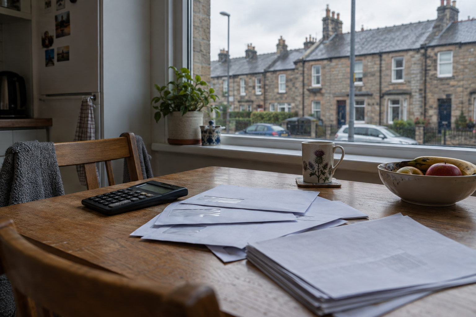 Home insurance renewal papers and a calculator on a kitchen table overlooking Scottish terraced houses