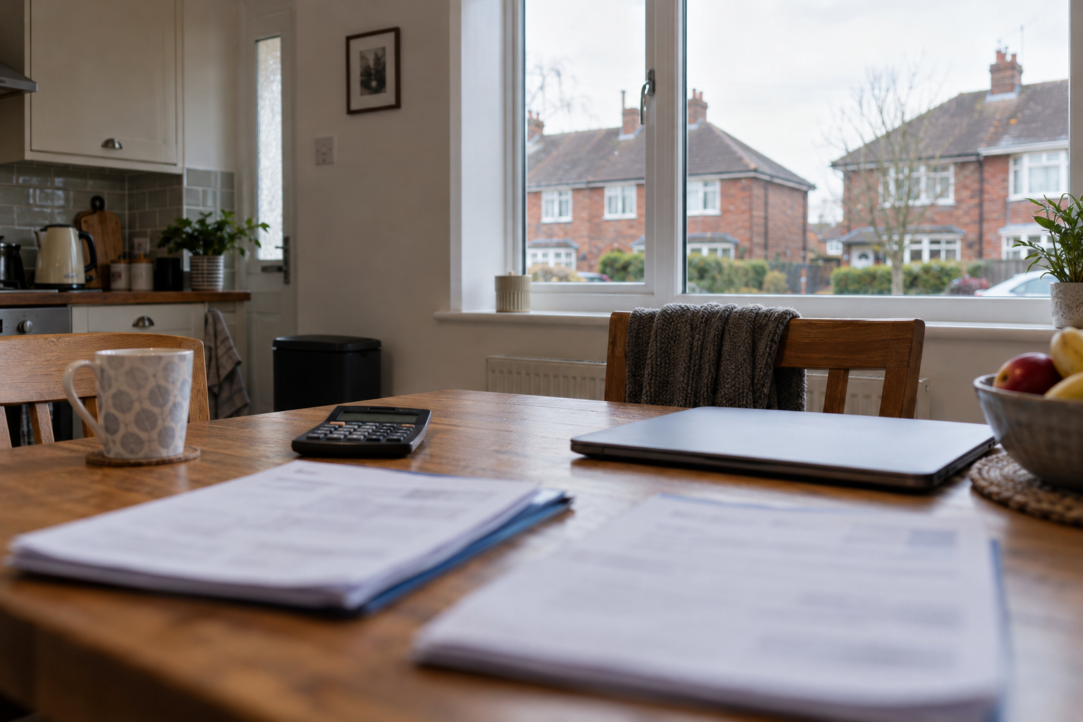 Home insurance renewal paperwork and a calculator on a kitchen table overlooking British semi-detached houses.