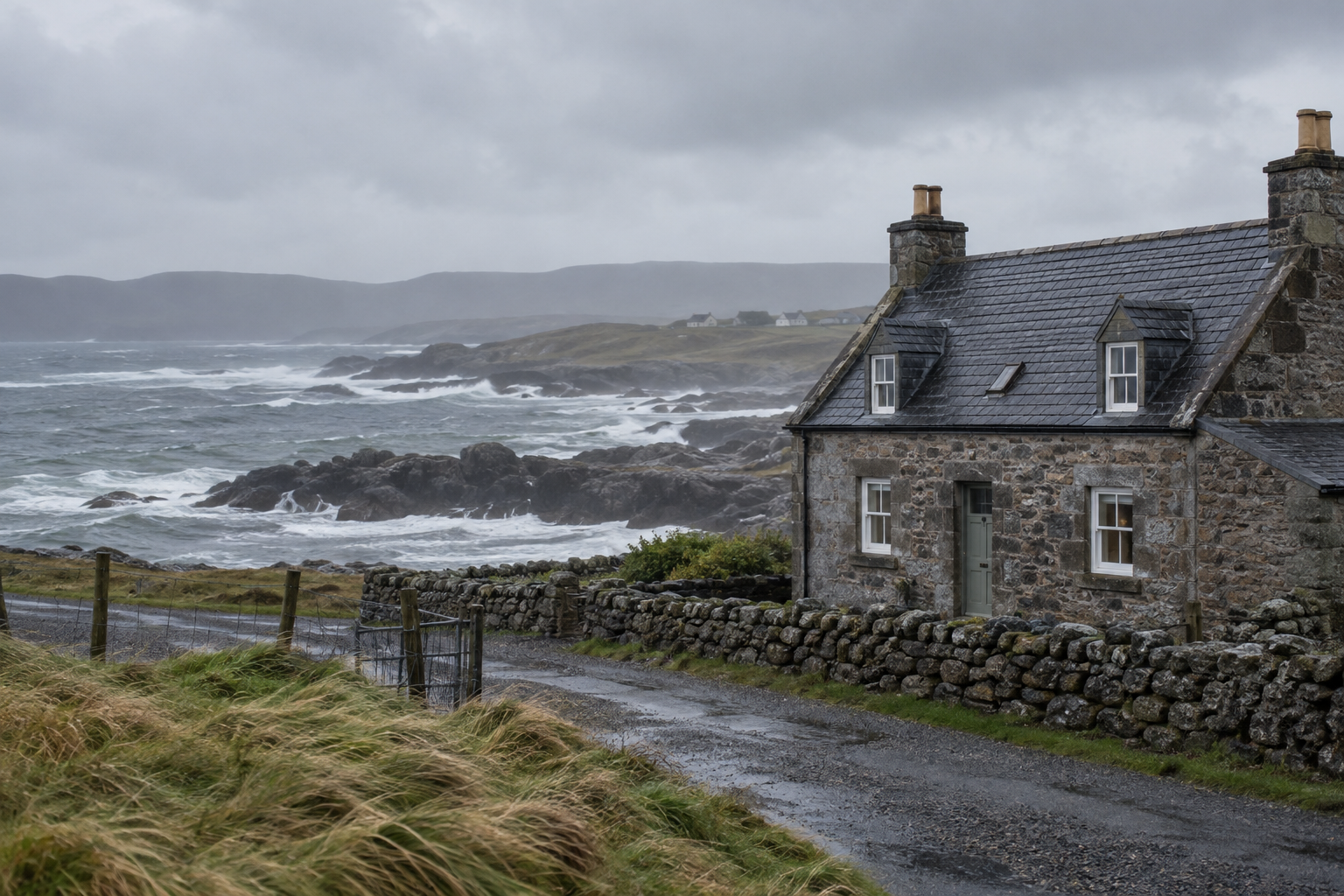 Coastal home in the Western Isles during wet weather, illustrating UK home insurance exposure to gales.