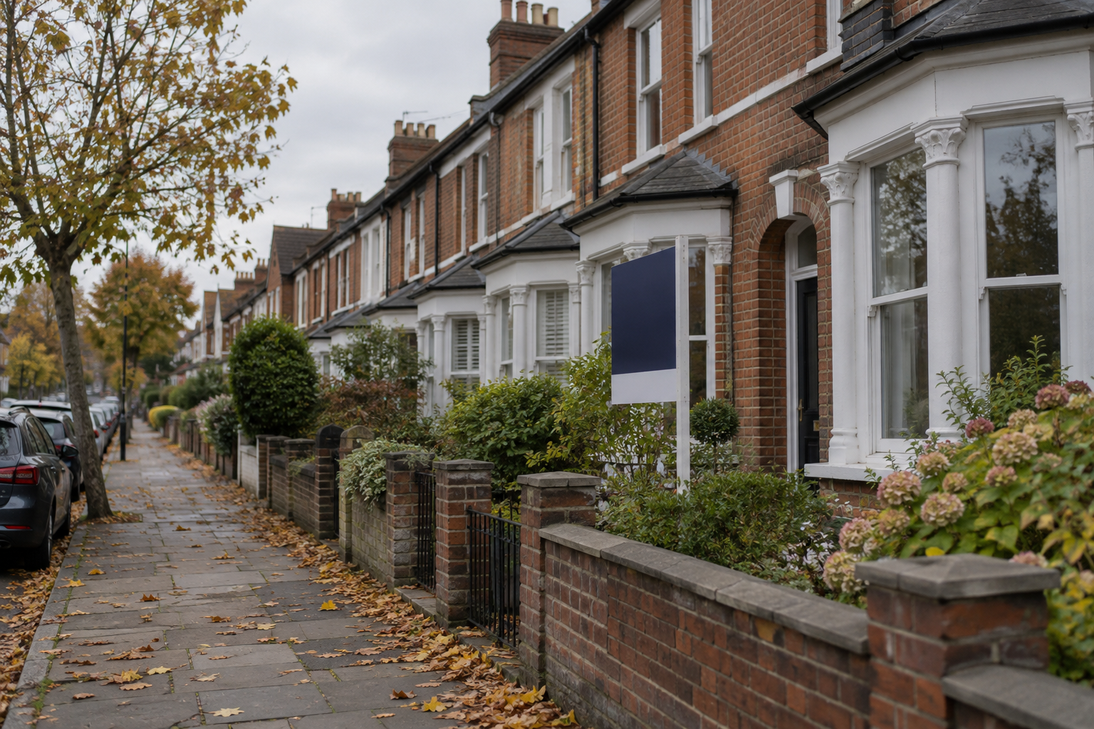 Red-brick terraced homes on an autumn street, illustrating UK house prices and mortgage affordability.