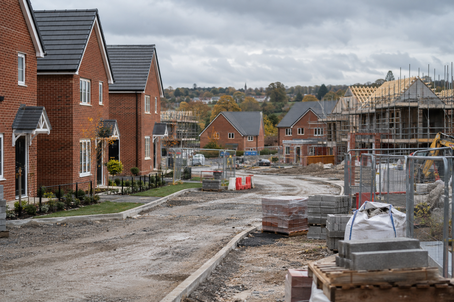 Completed and unfinished homes on an English development illustrating the UK housing crisis and construction pressures.