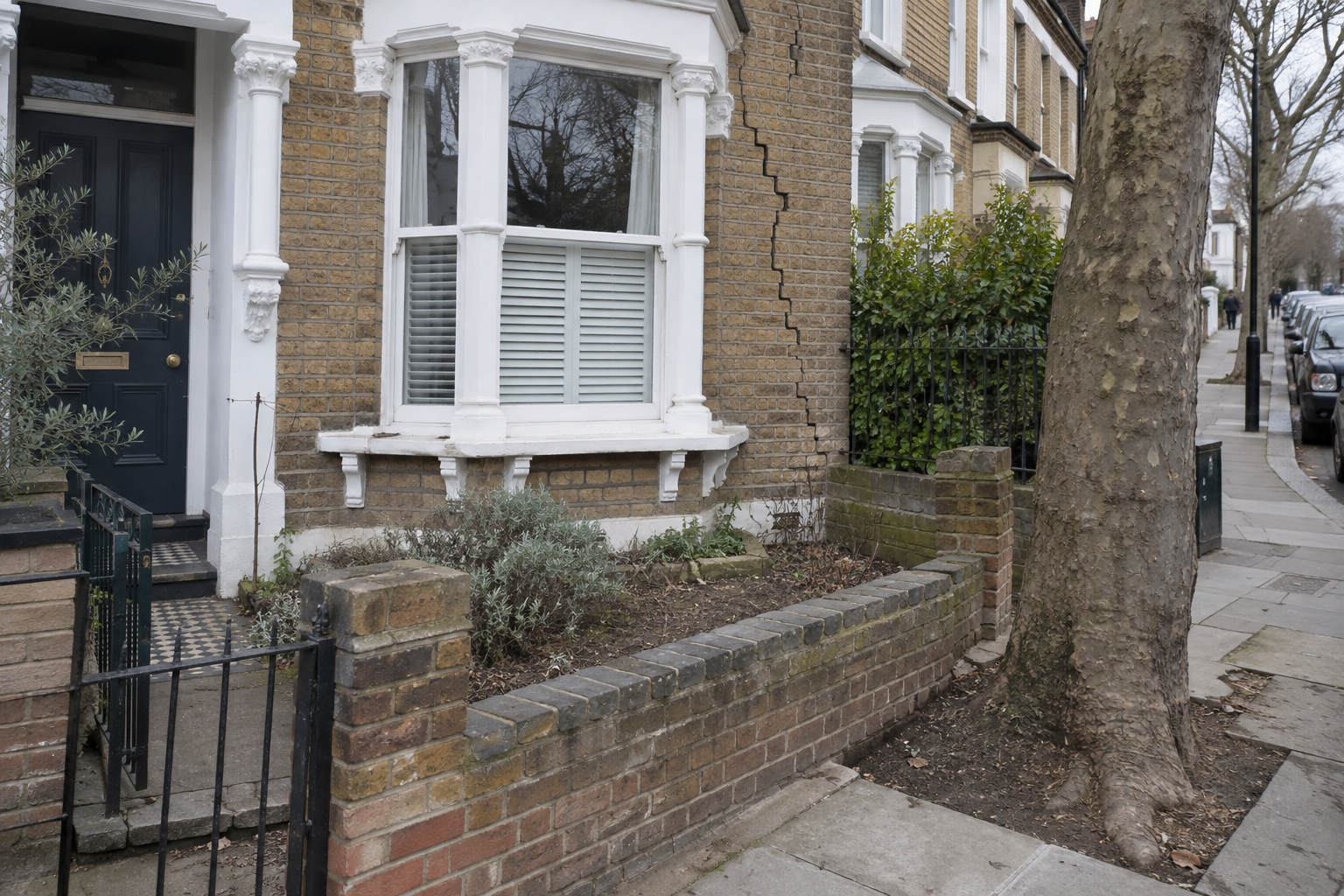 Brickwork crack beside an Islington bay window illustrates UK subsidence concerns during dry weather.