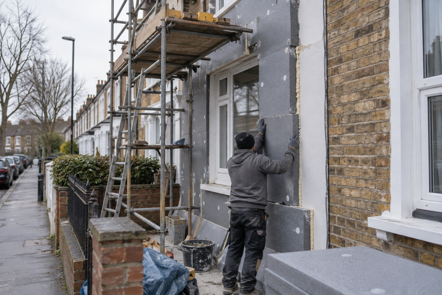Insulation work on a London terraced house illustrates the upgrades proposed under Warmer Homes London.
