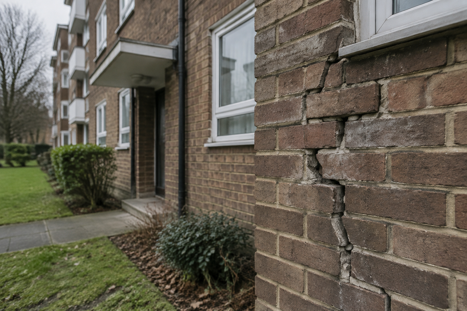 Cracked brickwork outside homes at Hanger View Way, illustrating the West Acton subsidence dispute.