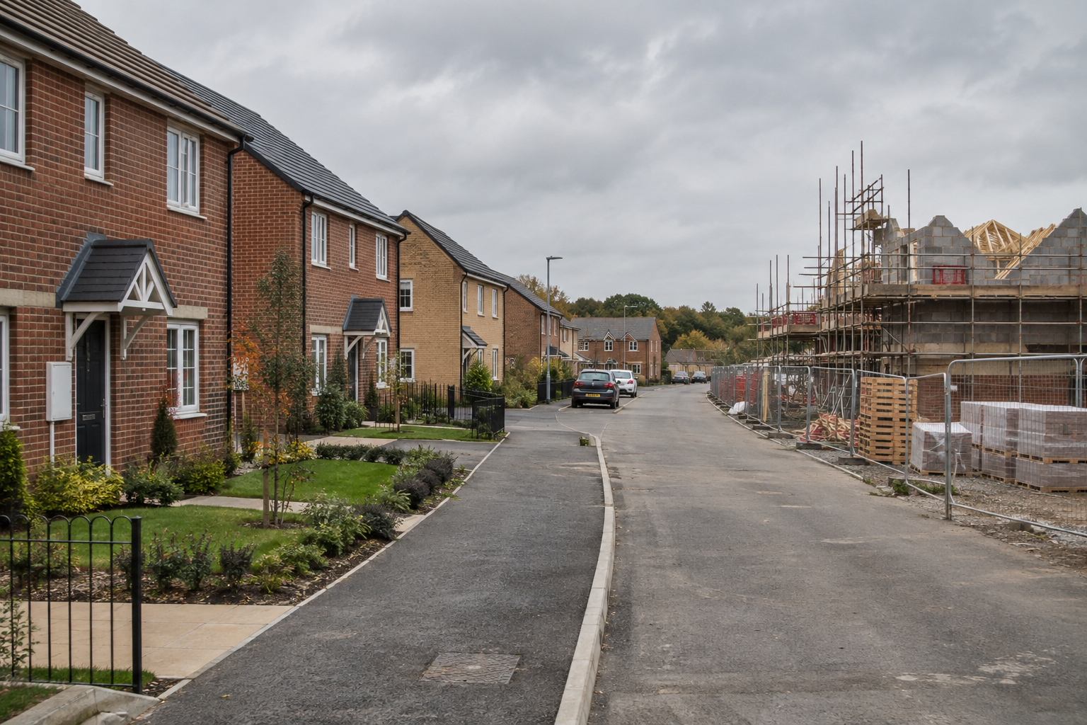 New-build brick houses beside scaffolding on an English development, illustrating the Your First Home scheme.